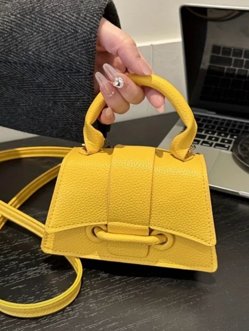 Yellow Vegan Leather Mini Top-Handle Crossbody Bag - Picture 2 of 4